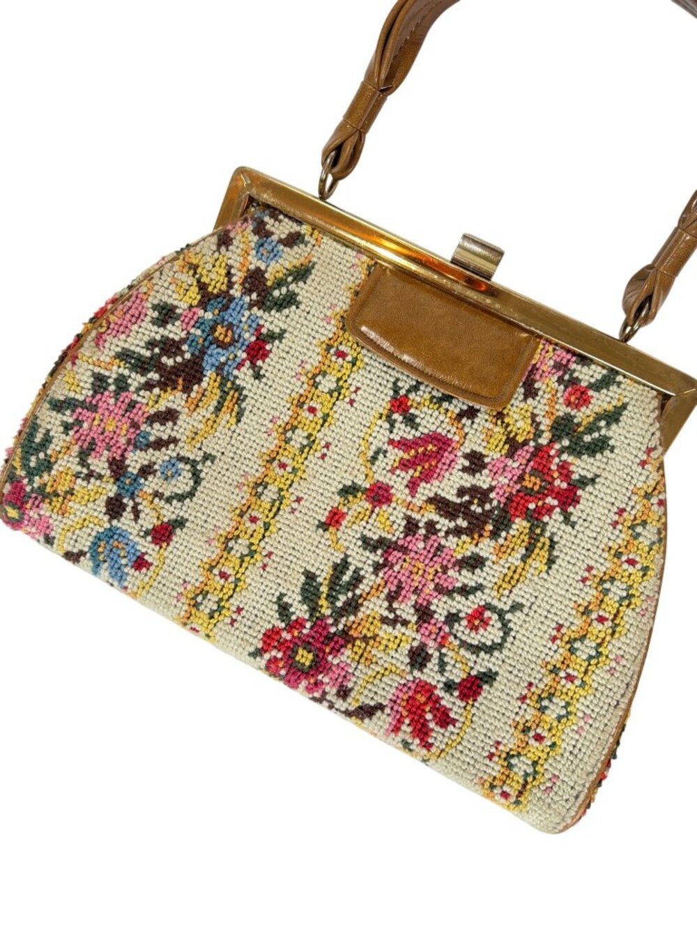 Vintage 1950s Floral Needlepoint Tapestry Handbag With Brown Leather Handle & Go